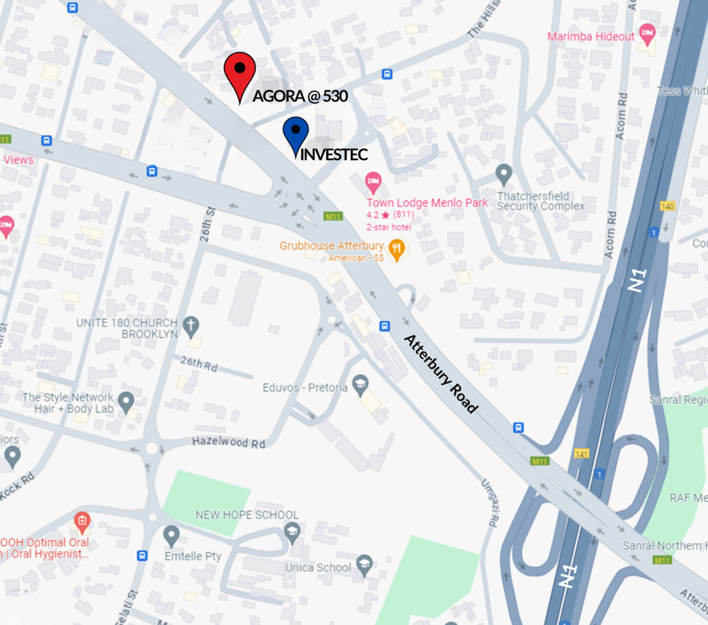 Map showing the location of Agora @ 530 and Investec on Atterbury Road, near the N1 highway