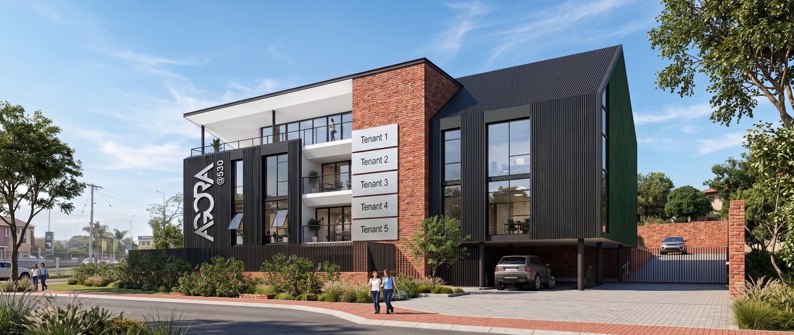 Agora @ 530 office building entrance, highlighting parking spaces and available tenant units in a modern design