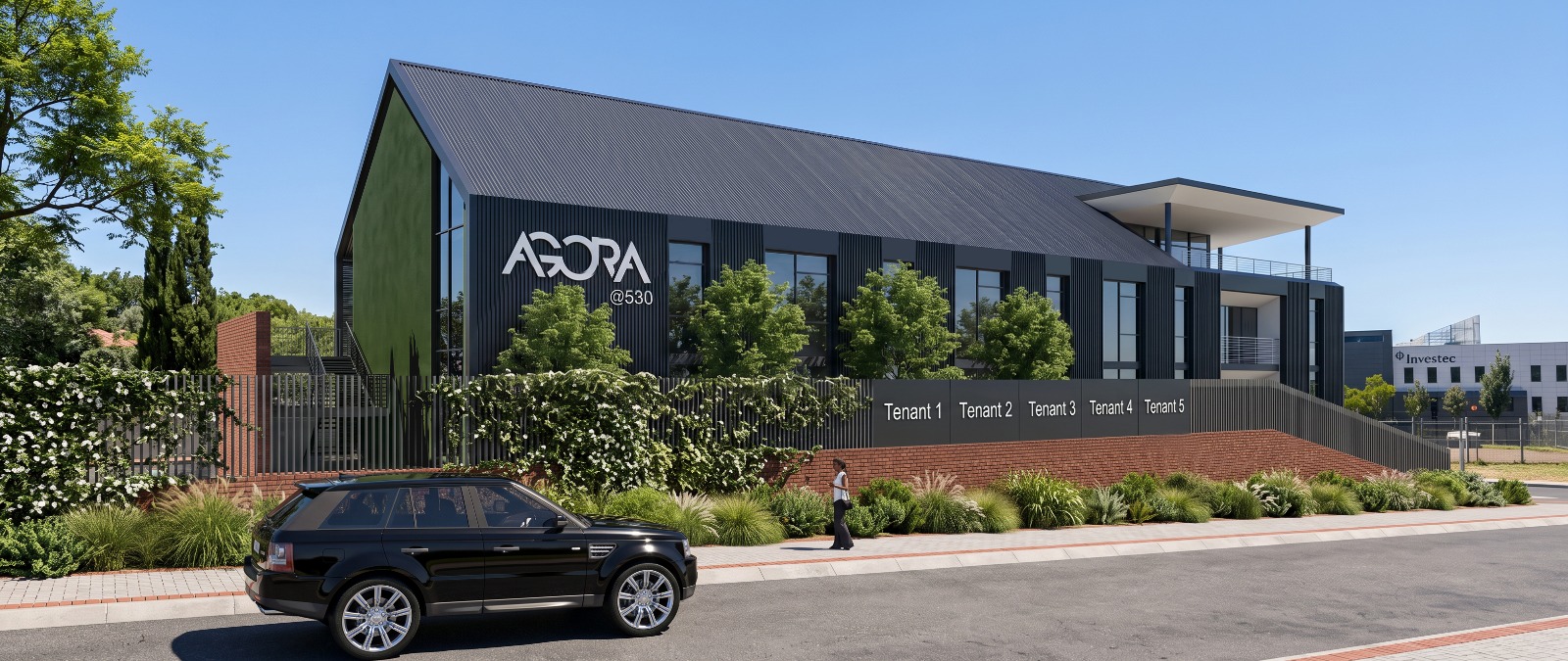 Agora @ 530 modern office building exterior, showcasing sleek architecture and available leasing spaces